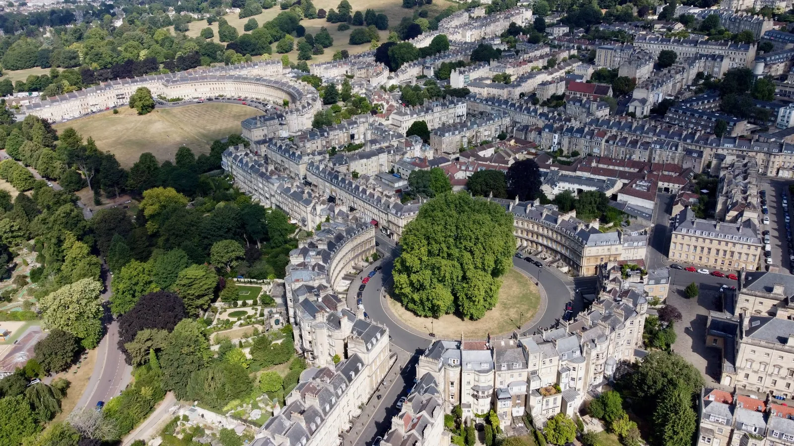 The Circus and the Royal Crescent in Bath, seen from the air